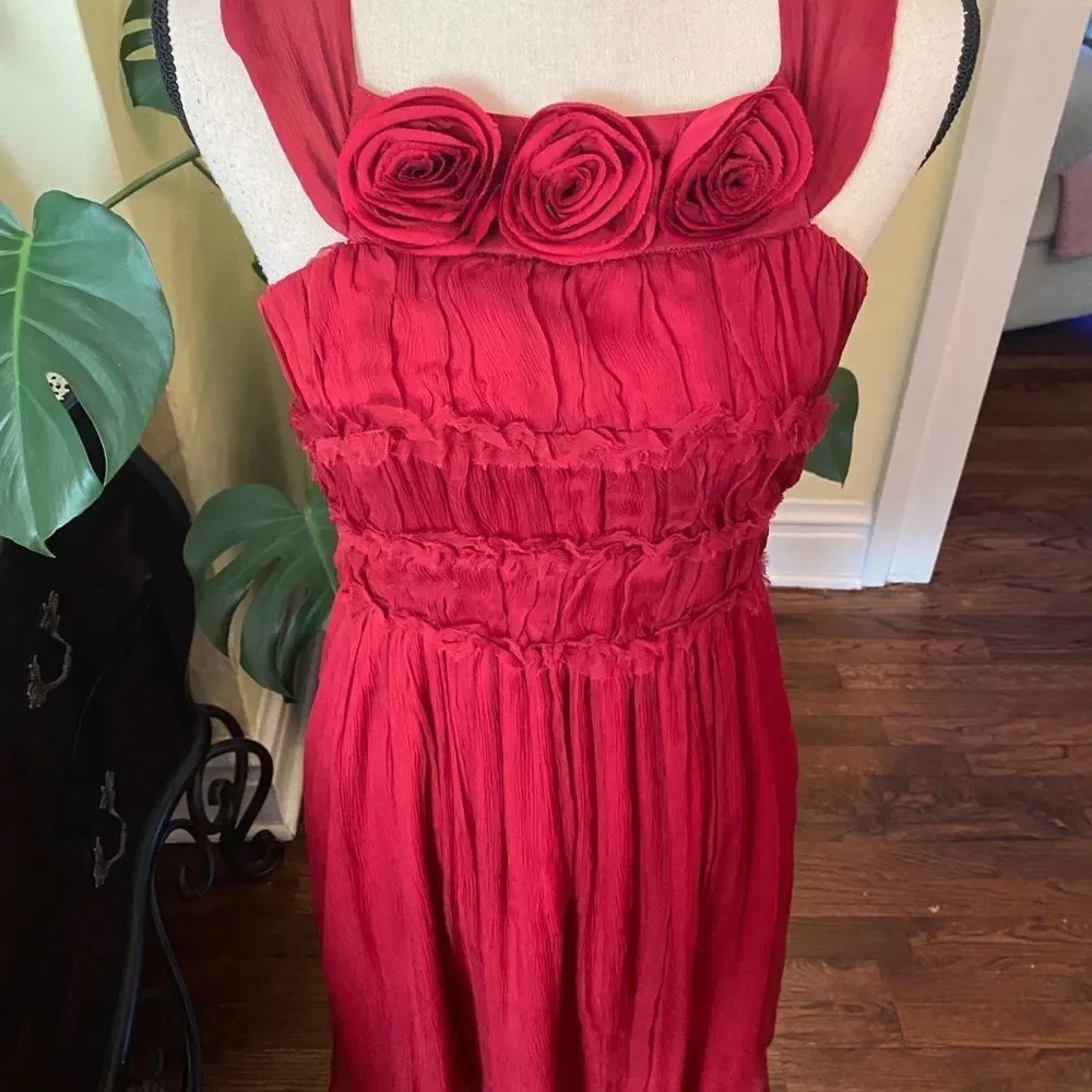 Burlapp Sz 4 💯 Silk Rosette Limed Red Dress - Picture 2 of 13